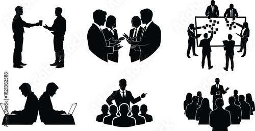Business people silhouettes in various scenarios meeting presentation and collaboration