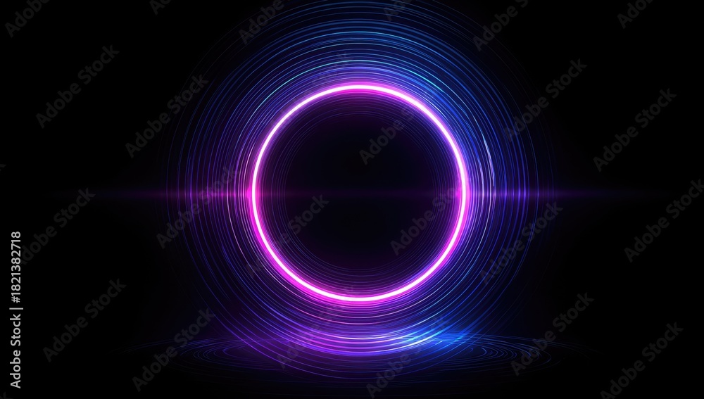 Obraz premium Abstract art of a glowing pink & blue halo and concentric circles on black