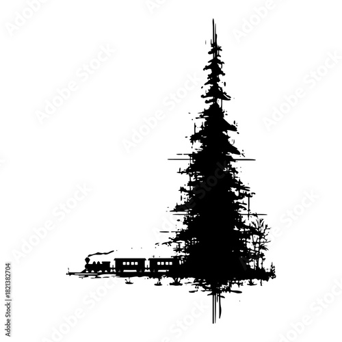 Black silhouette of steam train passing by giant pine tree grunge vector winter christmas travel illustration