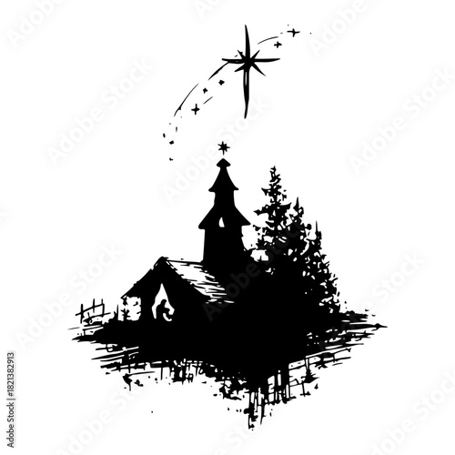 Nativity scene with stable and star of bethlehem black ink woodcut vector illustration