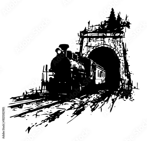 Vintage steam locomotive train emerging from stone tunnel with smoke vector hand drawn black and white illustration