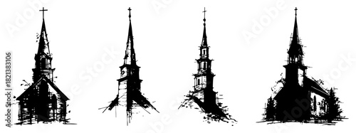 Set of four old church steeples with crosses architectural black ink vector illustration
