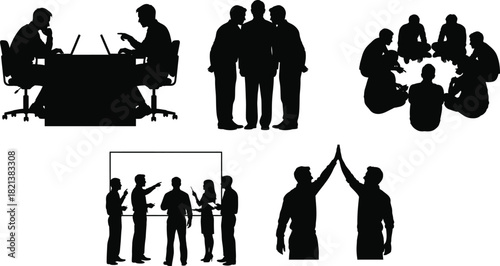 Silhouette illustrations of business people in various meeting and teamwork scenarios