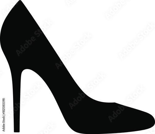 A simple black silhouette of a classic high heel shoe is shown