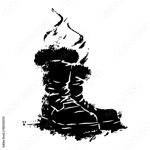 Black silhouette of pair of winter fur boots or santa claus footwear grunge vector christmas clothing design