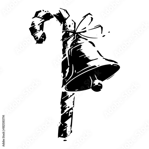 Christmas candy cane with a ringing bell and ribbon bow black ink grunge vector illustration