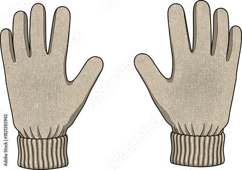 Beige knitted gloves vector illustration, realistic wool textured winter handwear mockup, isolated on white background for fashion technical drawing, clothing accessory design.