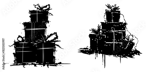 Black silhouette of two piles of christmas gift boxes with ribbons grunge vector holiday presents set