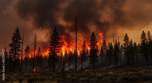 Wildfire burning pine forest with intense flame and smoke. Natural disaster, global warming, and climate change concept.