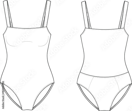 Bodysuit vector illustration technical drawing, sleeveless square neck swimwear flat sketch, isolated black outline for fashion design template, tech pack mockup.