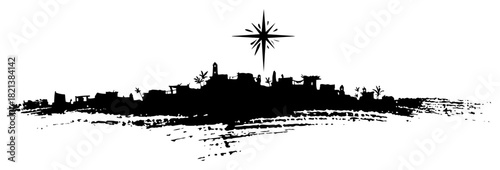 Wide panoramic silhouette of Bethlehem town skyline under nativity star vector ink sketch illustration