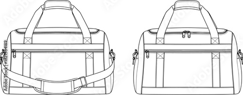 Duffel bag technical drawing vector illustration, gym holdall flat sketch with shoulder strap and zipper pocket, isolated black outline for fashion design template.