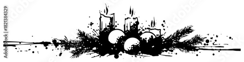 Horizontal Christmas composition with burning candles and pine branches black ink grunge vector illustration