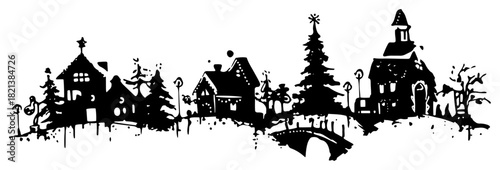 Black silhouette of winter village skyline with church and houses grunge vector christmas town panorama design