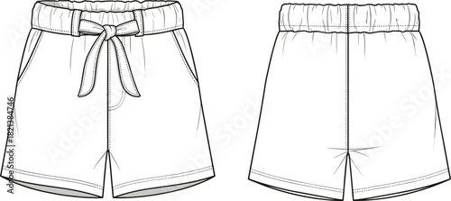 Shorts technical drawing vector illustration, elastic waist with drawstring flat sketch, front and back view isolated on white background for fashion design template.