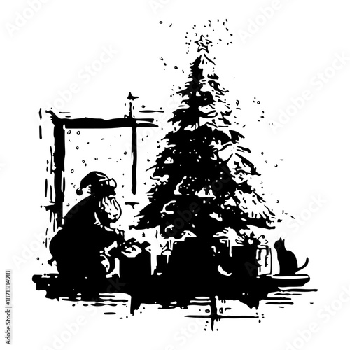 Black silhouette of santa claus placing gifts under christmas tree with cat grunge vector winter holiday scene