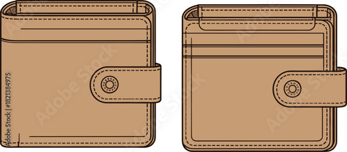 Vector illustration of beige leather wallet with snap closure strap, external card slots, stitching details, technical fashion flat sketch, front and back views