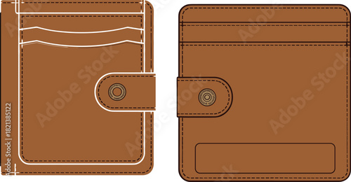 Vector illustration of brown leather wallet, cardholder with snap button closure, stitching details, technical fashion flat sketch, front and back views, accessory design