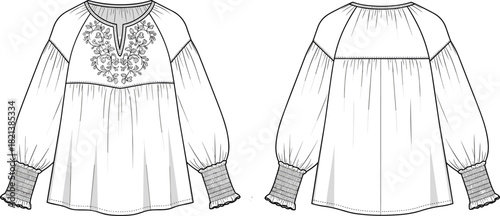 Vector illustration of women's embroidered peasant blouse with split neck, gathered yoke, smocked cuffs, raglan sleeves, technical fashion flat sketch, front and back views