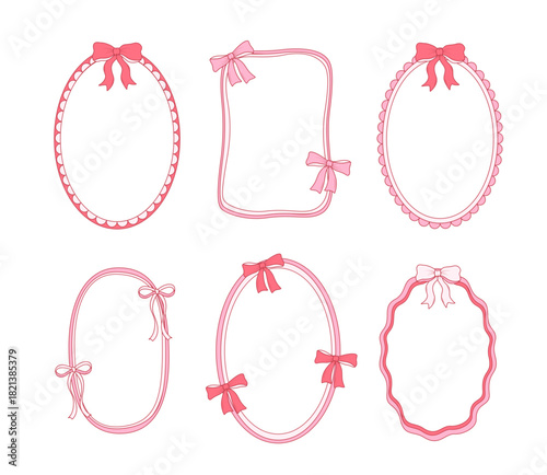 Set of vintage holiday frames with bows, ribbons and wavy lines. Hand drawn vector illustration. Frames greeting cards, wedding in cute elegant coquette style.