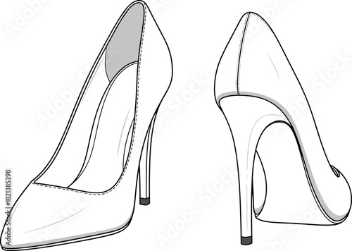 Vector illustration of women's high heel pump shoes, pointed toe, stiletto heel, footwear design, technical fashion flat sketch, front and back views