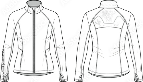 Vector illustration of women's sportswear jacket, raglan sleeves, thumbholes, back mesh panel, full zipper, stand collar, technical fashion flat sketch, front and back views