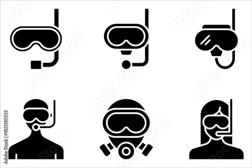 Diving mask icon set, scuba glasses and ocean, vector graphics on white background