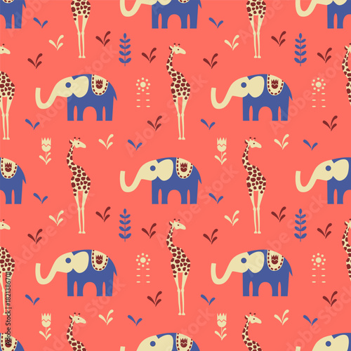 Repeating pattern of elephant, giraffe, and foliage silhouettes on coral background. Minimalist lines and geometric flow for modern rhythm. Ideal for textiles, wallpapers, packaging, digital projects