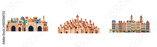 Three stylized architectural landmarks: middle eastern, medieval, and european cityscape