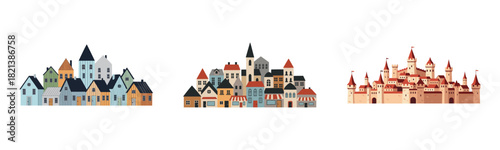 Evolution of architecture: modern, medieval, and castle structures in a single image