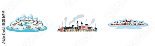 Charming winter village, colorful cityscape, peaceful lakeside town illustrations