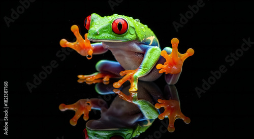 A vibrant red-eyed tree frog showcases its bright coloration against a stark, glossy black surface