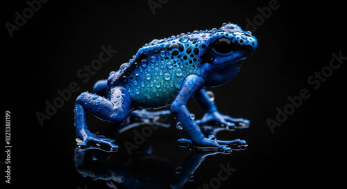Striking poison dart frog showcasing intricate blue skin patterns against a stark black backdrop