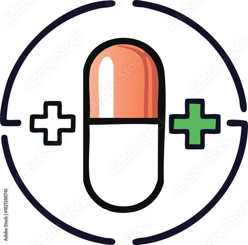 Single capsule medicine icon with medical cross inside drawn in bold modern pharmaceutical outline style