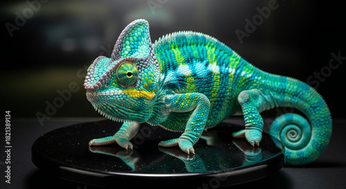 Striking close-up showcasing a vibrant male panther chameleon with intricate patterns and textures