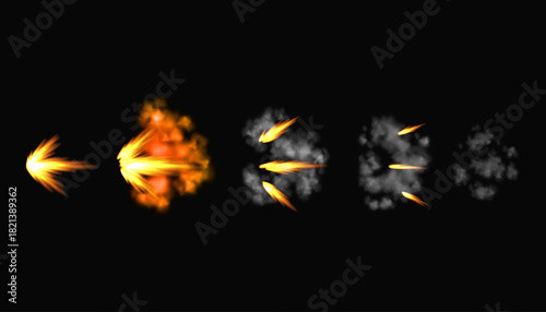 Gun flashes or gunshot animation. Collection of fire explosion effect during the shot with the gun. Cartoon flash effect of bullet starts. Shotgun fire, muzzle flash and explode