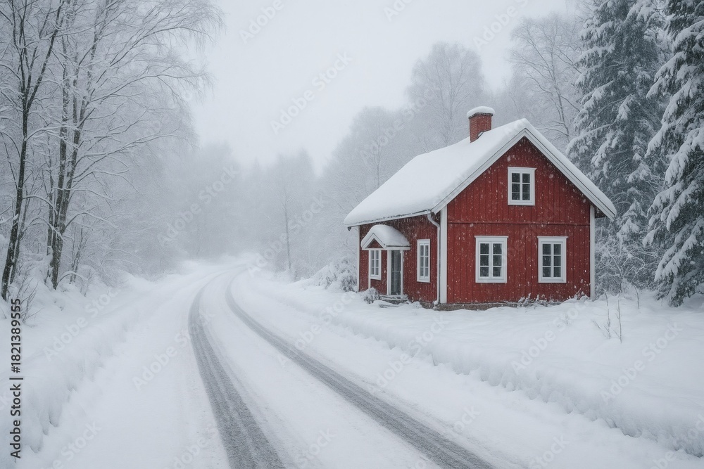 Naklejka premium Scandinavian Red Wooden Cabin in Snowy Forest – Idyllic Winter Landscape, Finland Countryside