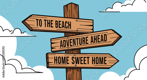Wooden signpost with three arrows pointing to the beach, adventure, and home against a cloudy sky.