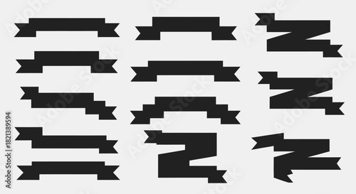 A collection of twelve black ribbon banners with different shapes and styles, presented on a light gray background.