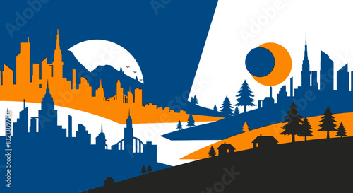 Stylized illustration of a city landscape split into day and night scenes with buildings, mountains, and water.