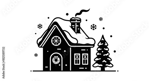 A black and white illustration of a cozy winter cottage covered in snow with a smoking chimney and a pine tree.