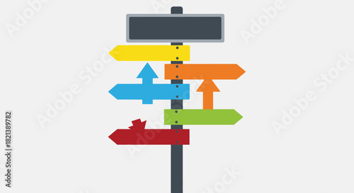 Signpost with multiple colorful arrows pointing in different directions.