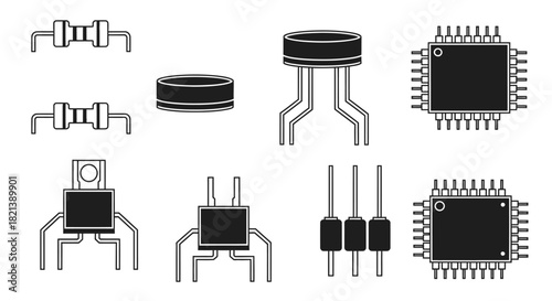 A collection of various electronic components and semiconductor devices in a black and white line art style.