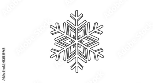 A detailed black and white outline drawing of a symmetrical six-pointed snowflake with intricate patterns.