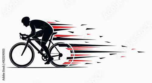 A dynamic silhouette illustration of a cyclist riding a bicycle at high speed with abstract red and black motion lines trailing behind.