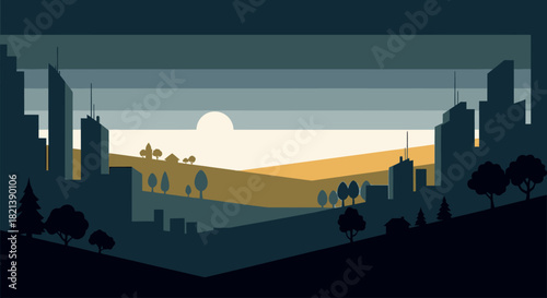 A stylized cityscape silhouette at dusk, featuring buildings, hills, and a setting sun.