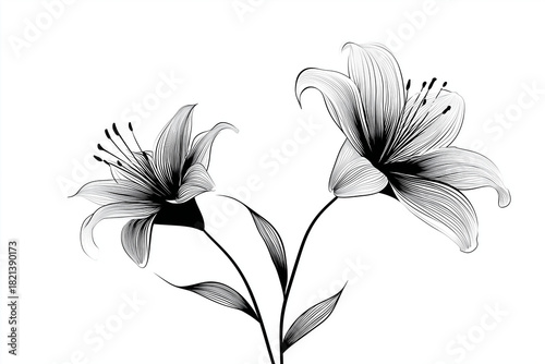 lily flowers stem leaves black on white background design elegant classic drawing