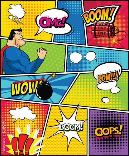 Comics Template. Vector Retro Comic Book Speech Bubbles Illustration. Mock-up of Comic Book Page with place for Text, Speech Bubbls, Symbols, Colored Halftone Background and Superhero