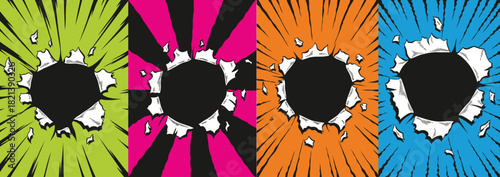 Set of comic book holes. Vector paper is torn through boom explosion. Circle holes in the middle on color backgrounds. Comics style cover template or flyer wallpapers