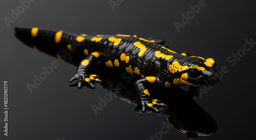 A glossy black fire salamander exhibits a striking pattern of bright yellow spots across its body